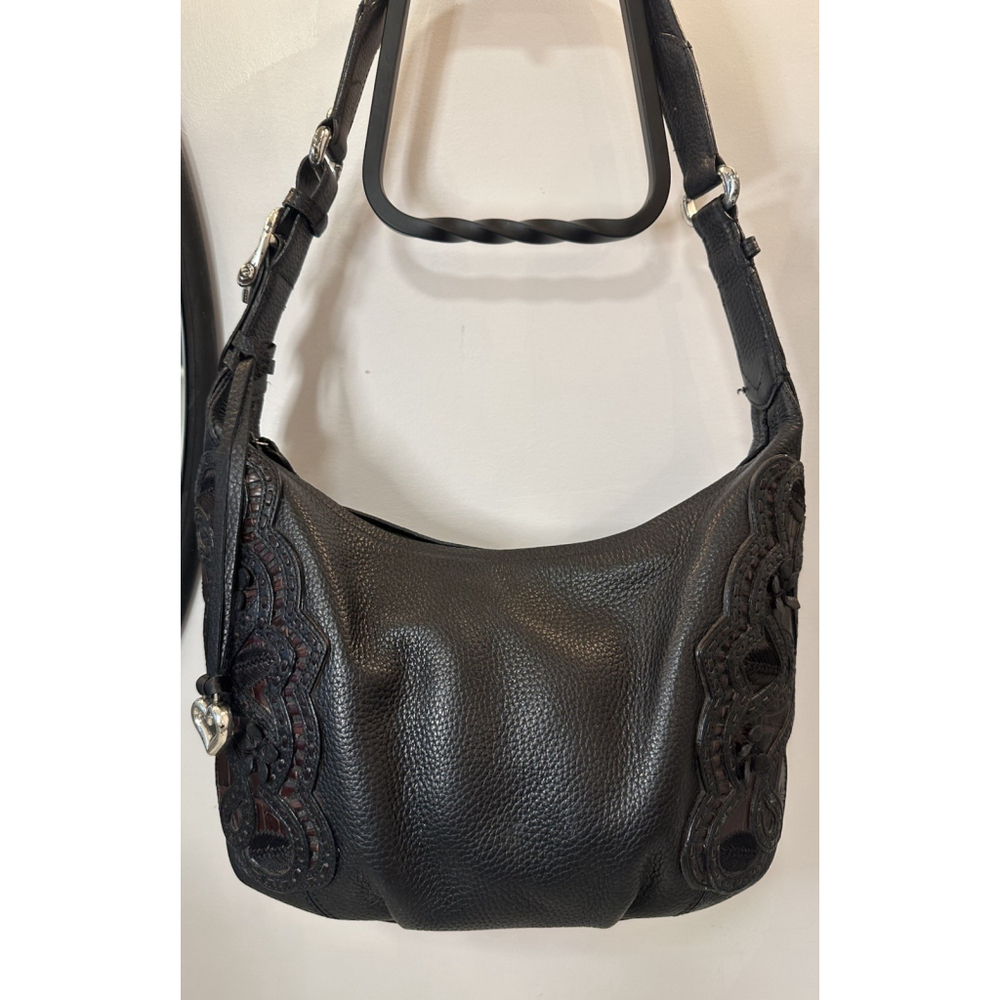 Brighton Masterpiece Nikki Black Leather Lace Hobo Shoulder Bag Heart Hardware